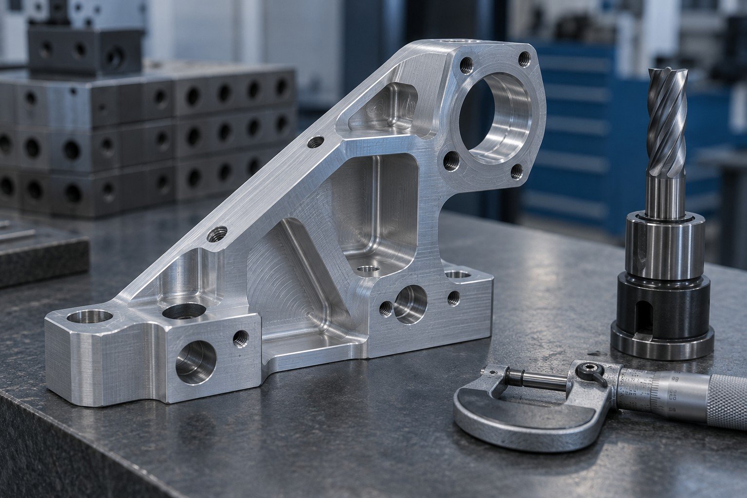Editorial illustration: a precision sensor bracket with tooling for a CNC cost review