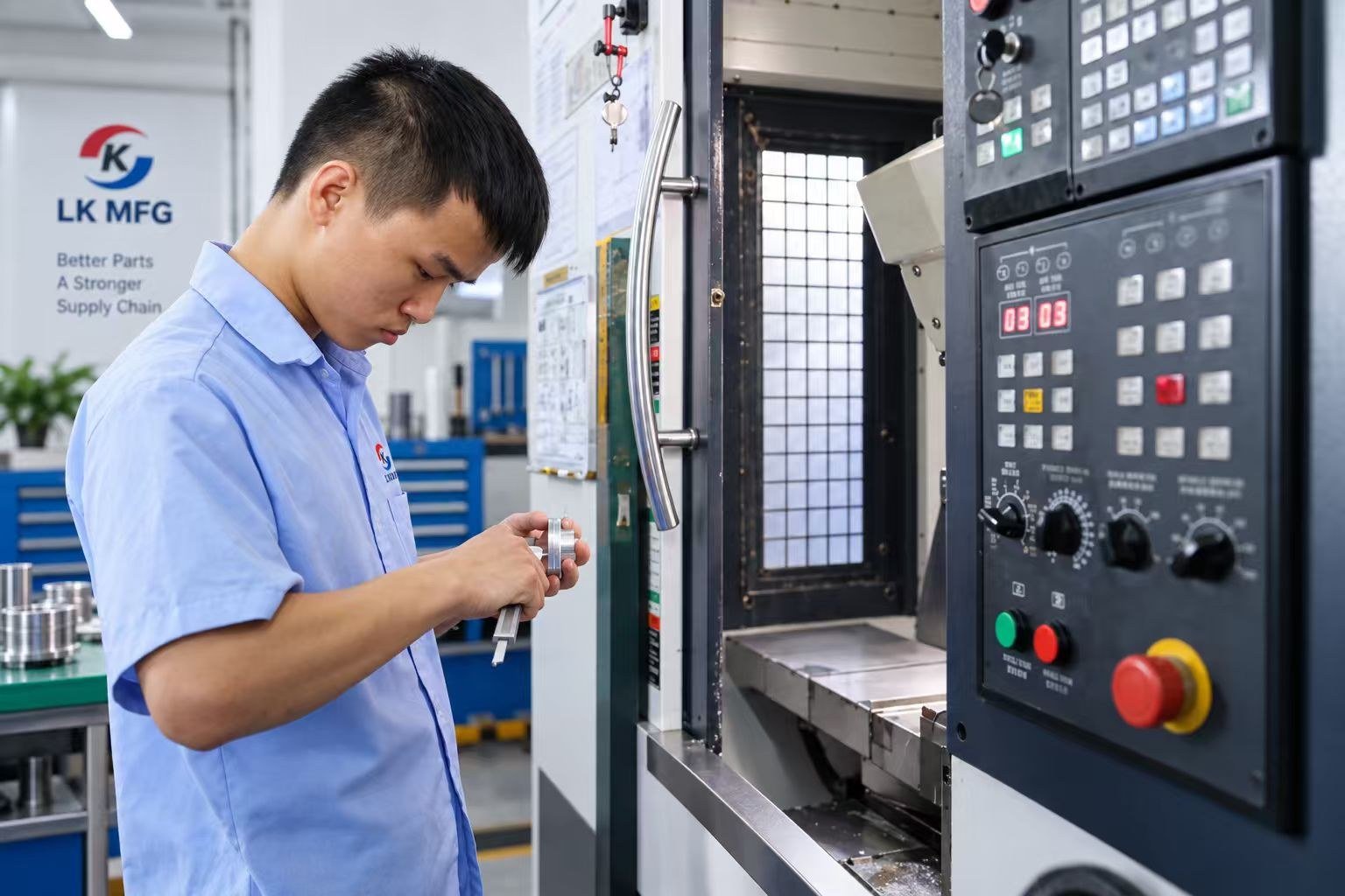 مشغل LK MFG يقوم بفحص مكون آلي بجوار ماكينة CNC
