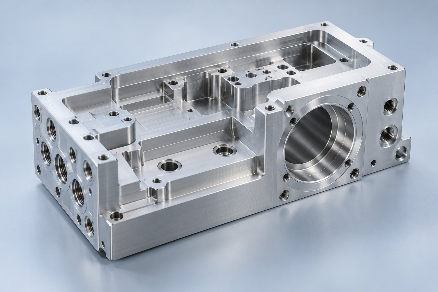 Illustrative precision aluminum vacuum housing with machined bores and pockets