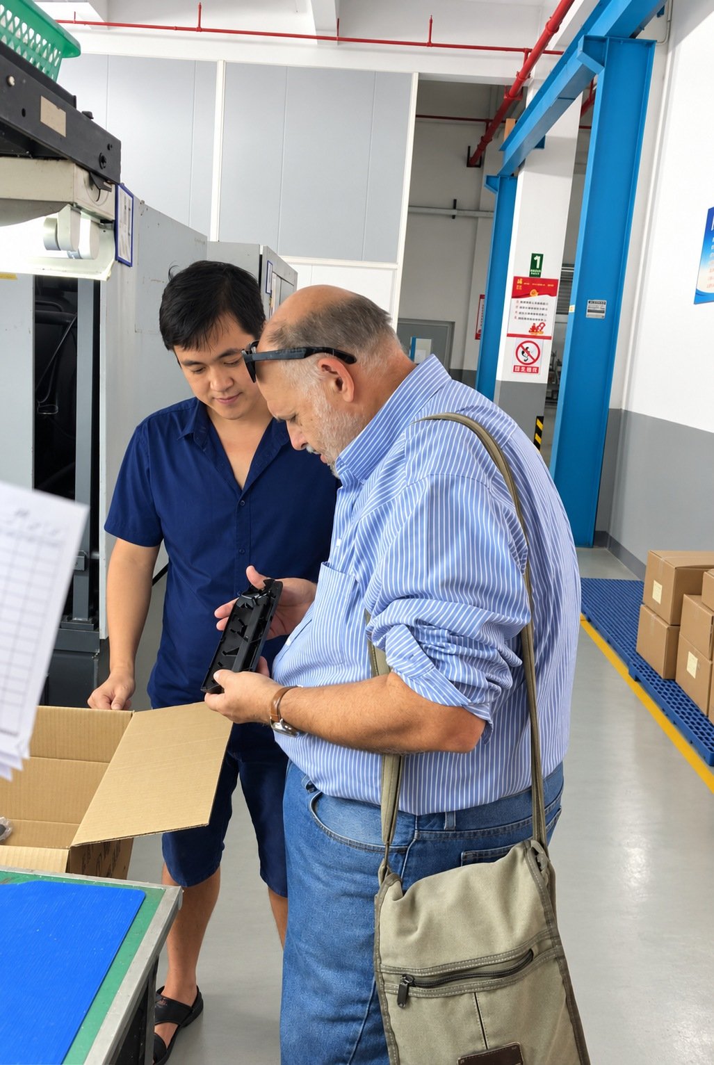 Client et collègue de LK MFG examinant un composant lors d'une visite d'usine ; photo retouchée pour l'éclairage et la netteté