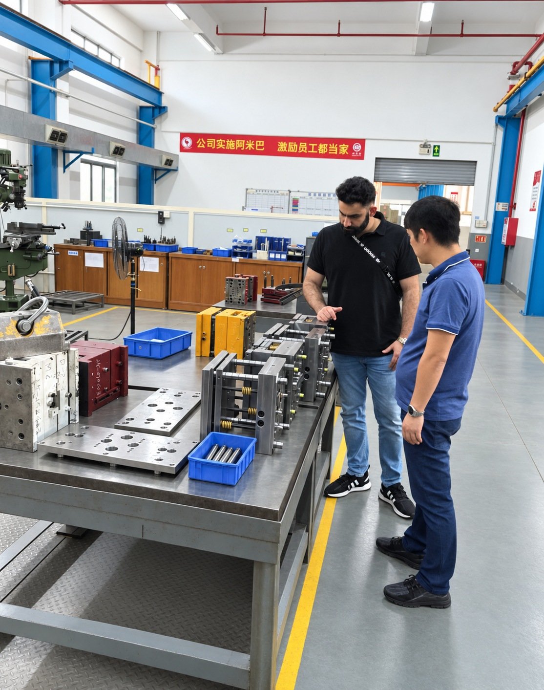 Customer and LK MFG colleague reviewing mold tooling during a factory visit; retouched original photograph