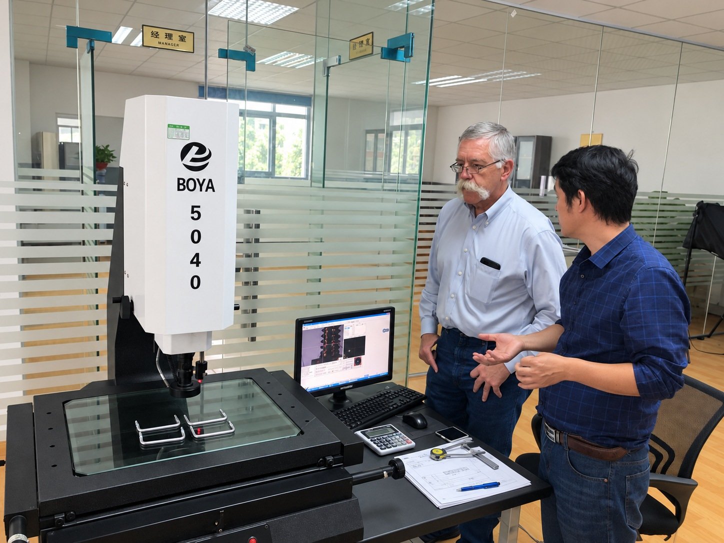 Customer visit to LK MFG optical dimensional inspection room; original people and equipment retained
