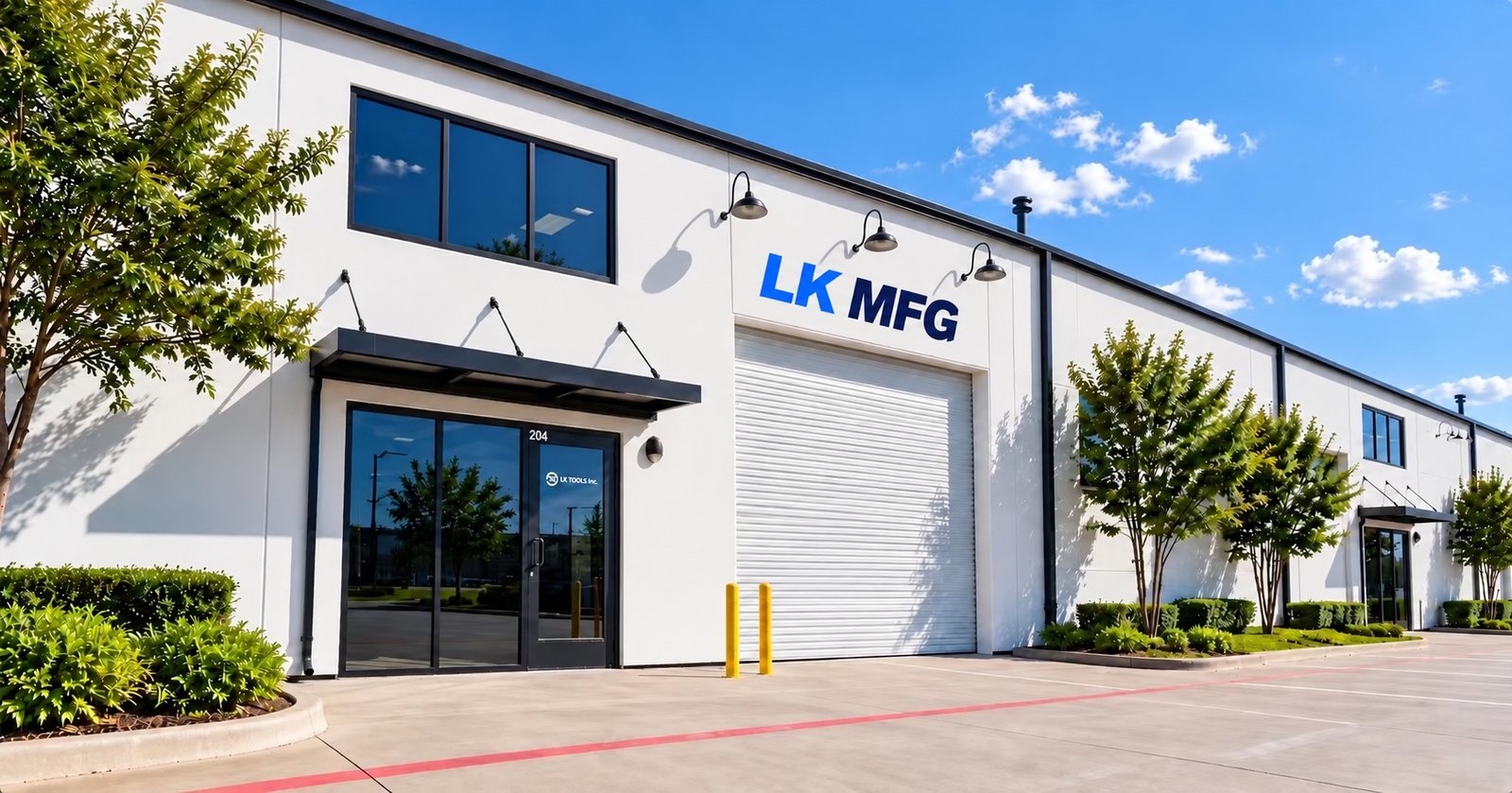 Brand-retouched photograph of the LK MFG Carrollton office and warehouse exterior