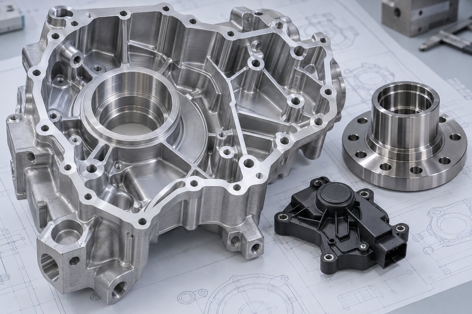 Complex machined parts and engineering drawing review concept