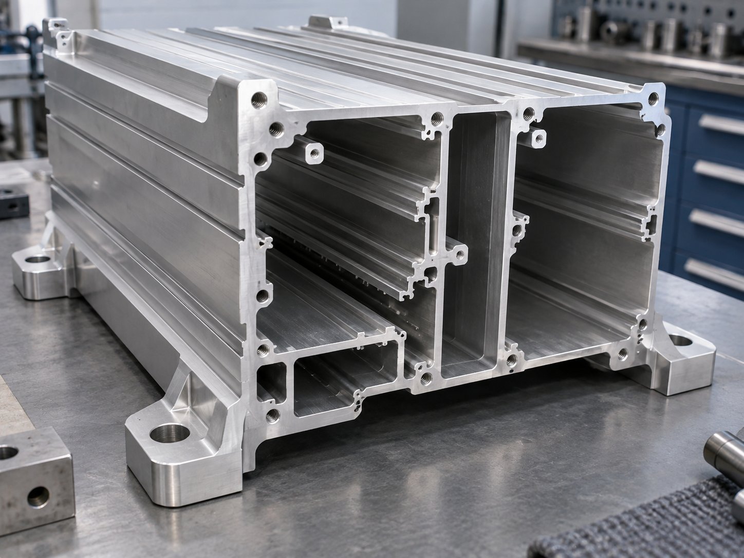 Profilé complexe creux en aluminium avec nervures internes et canaux de fixation