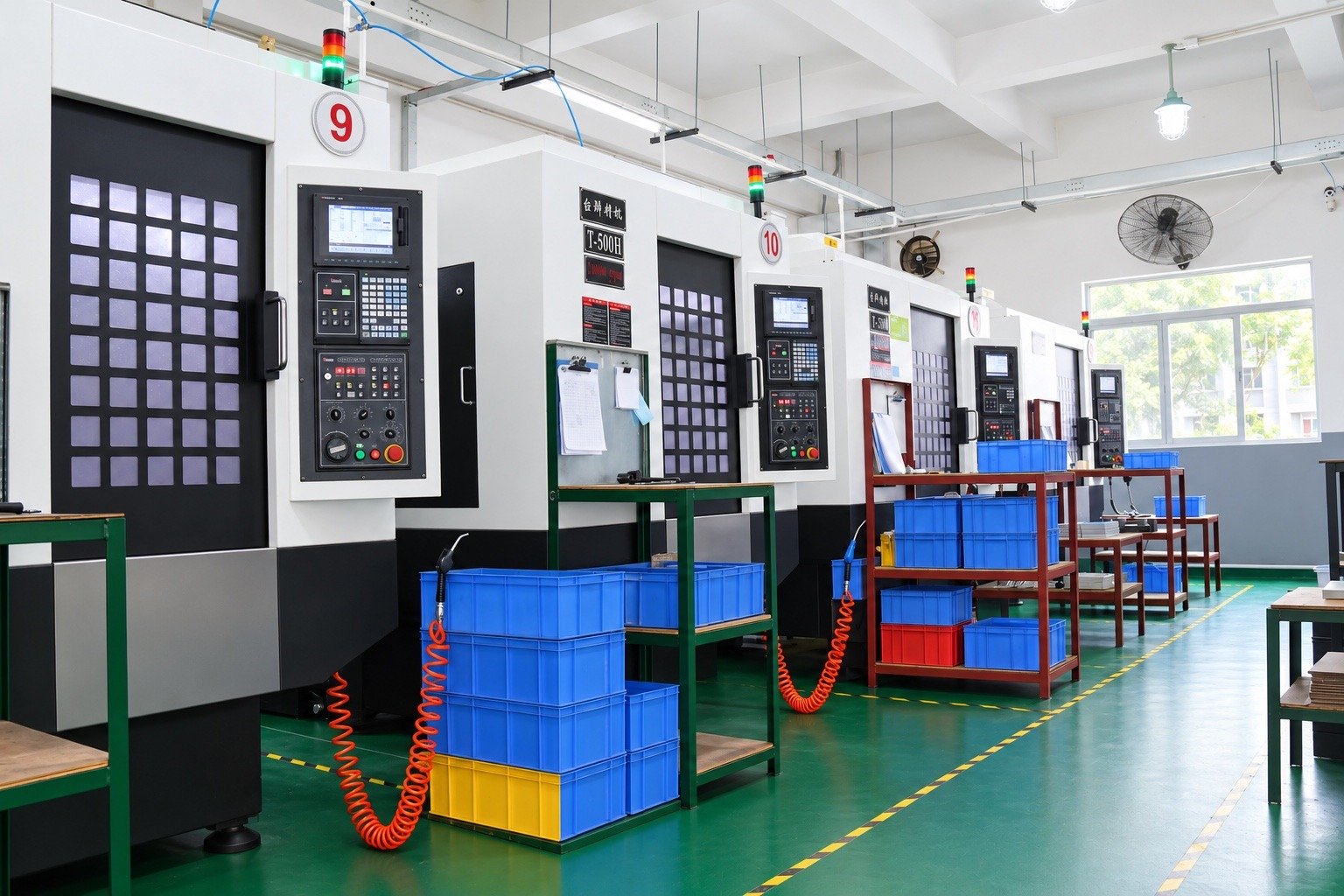 Row of machining centers on the factory floor