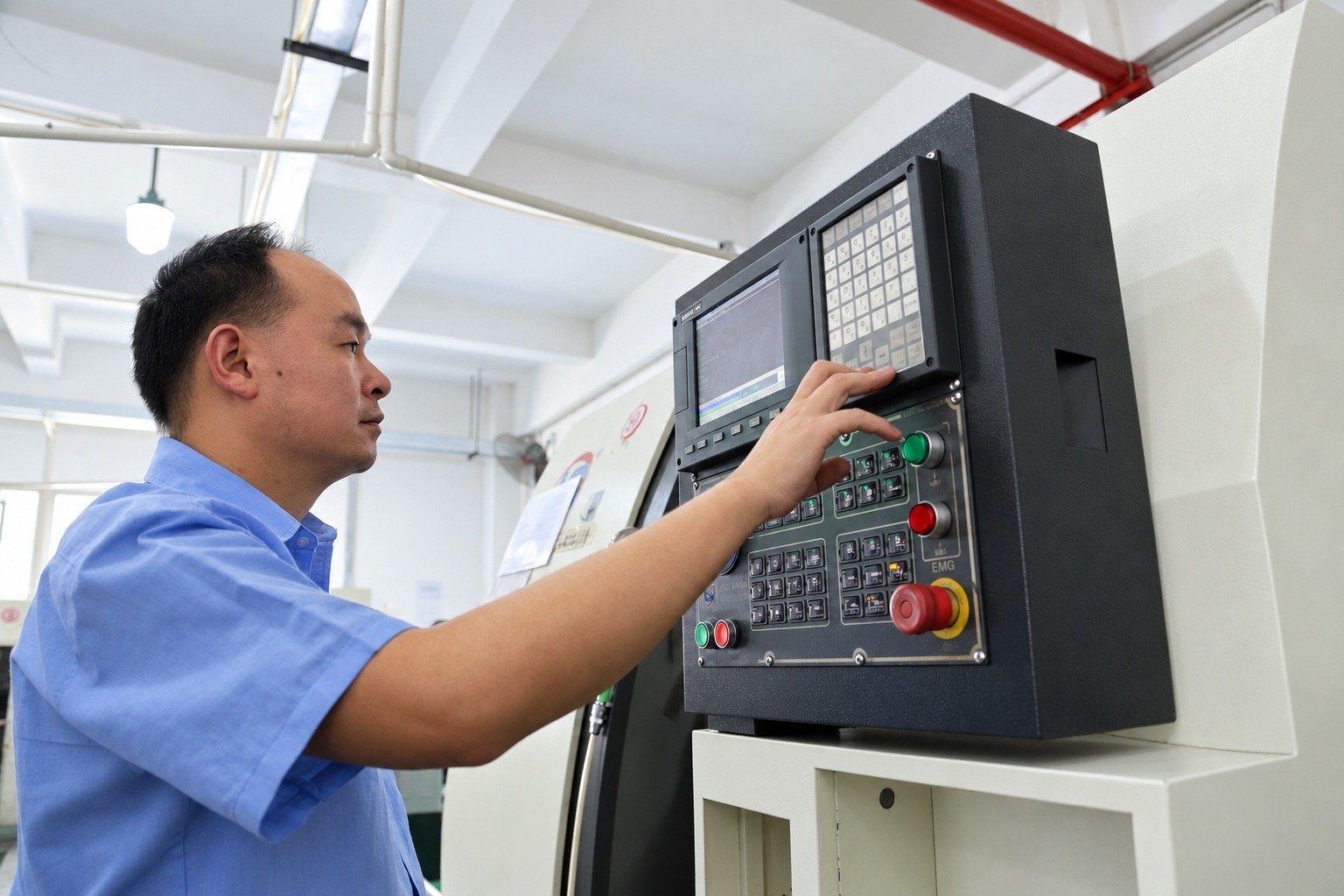 Operator setting up a CNC machining center in the company factory