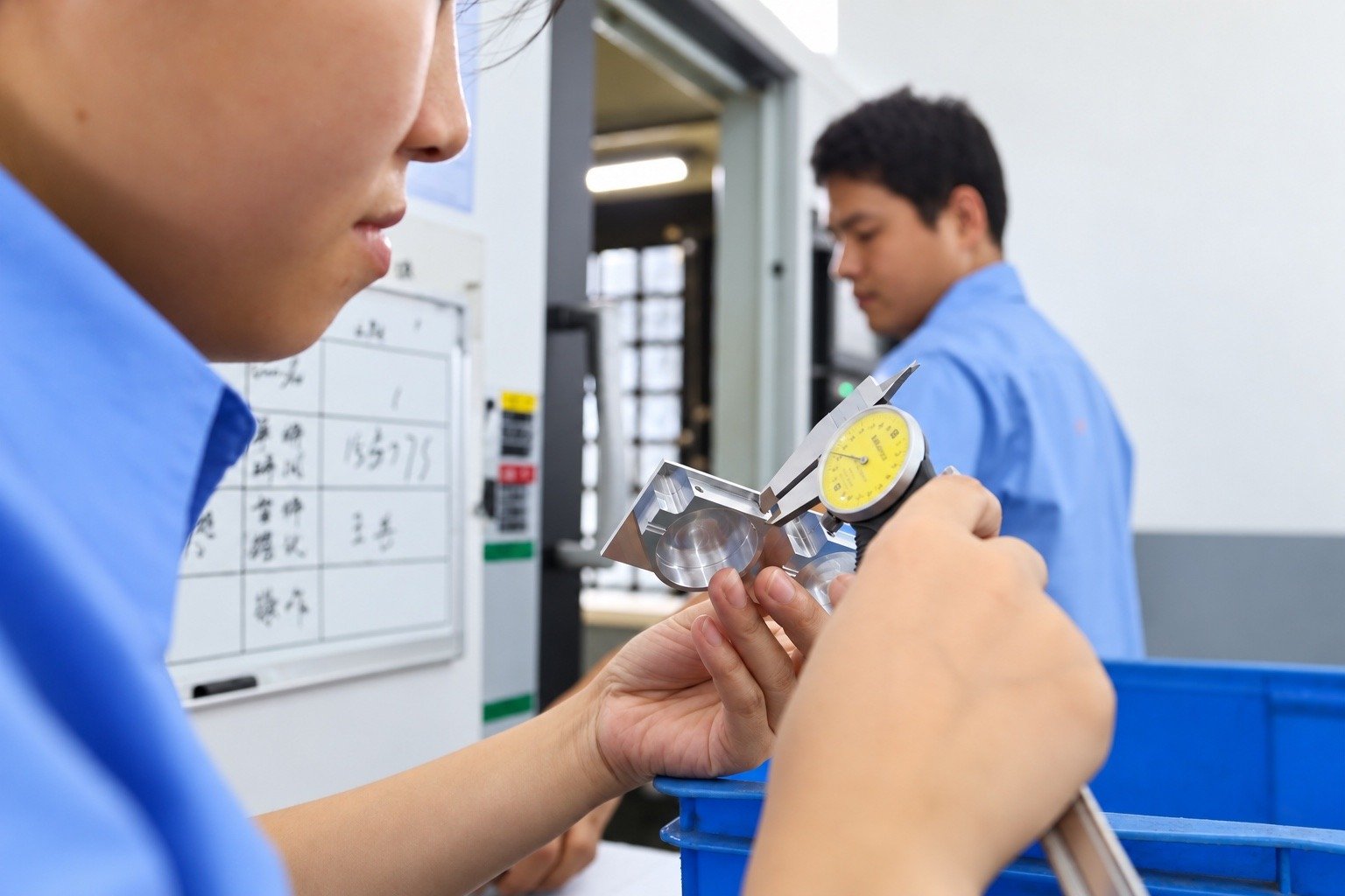 Technician measuring a machined part using a dial gauge