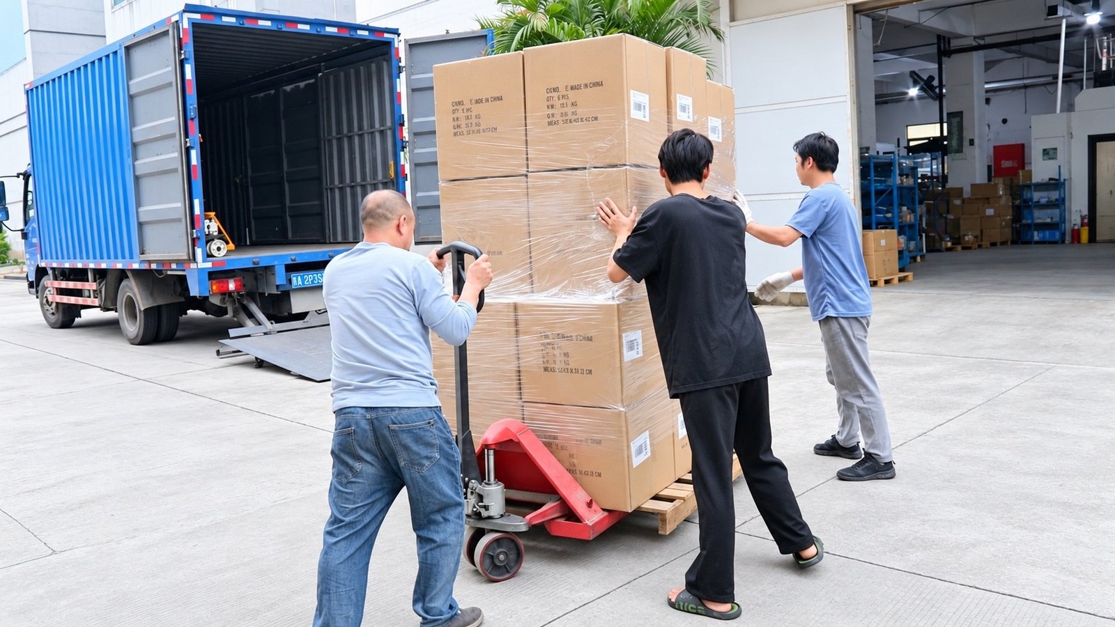 Factory team loading packed cartons into a shipping truck