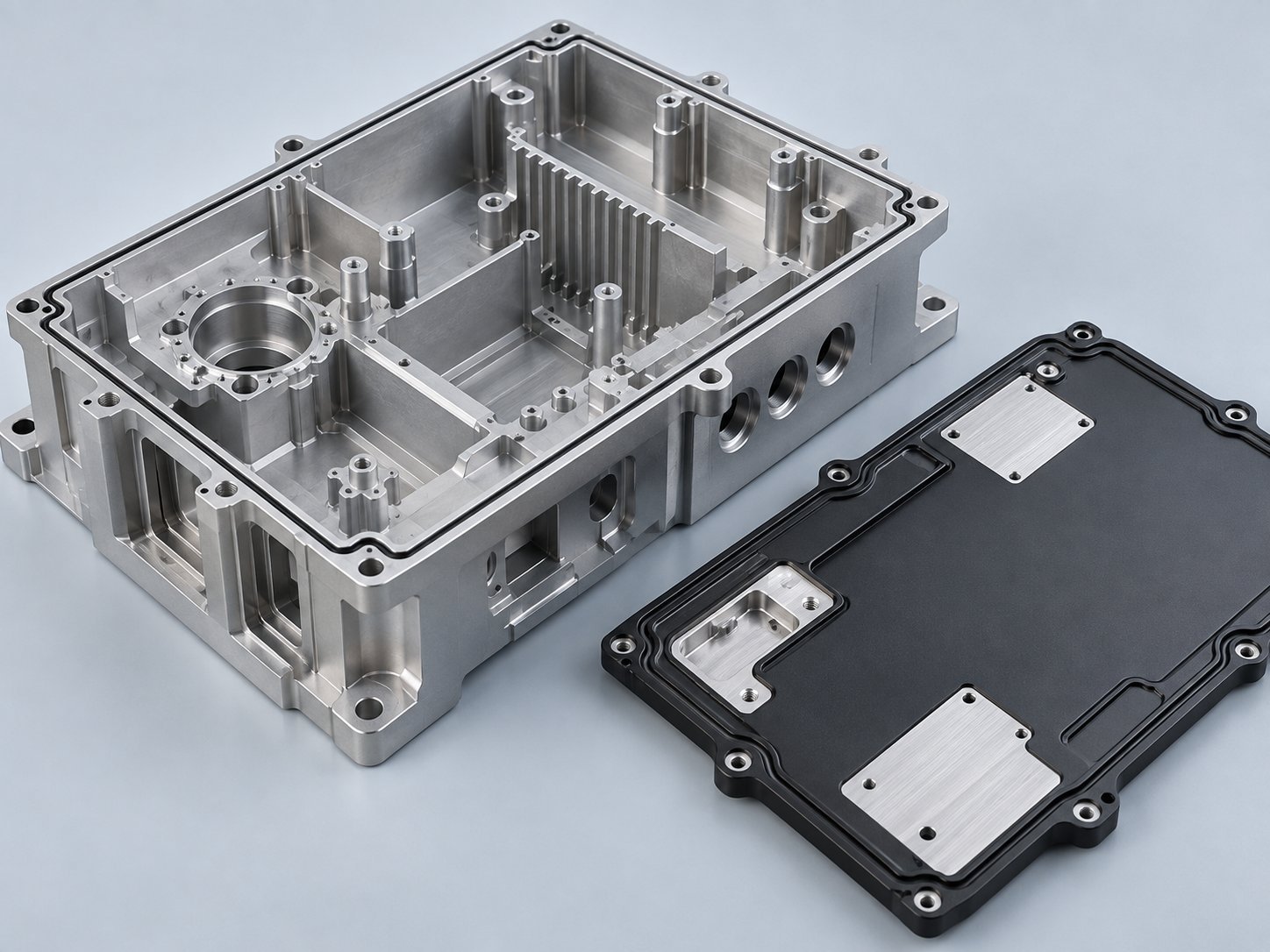 Klar eloxiertes, unterteiltes Aluminiumgehäuse und schwarz lackierter Deckel