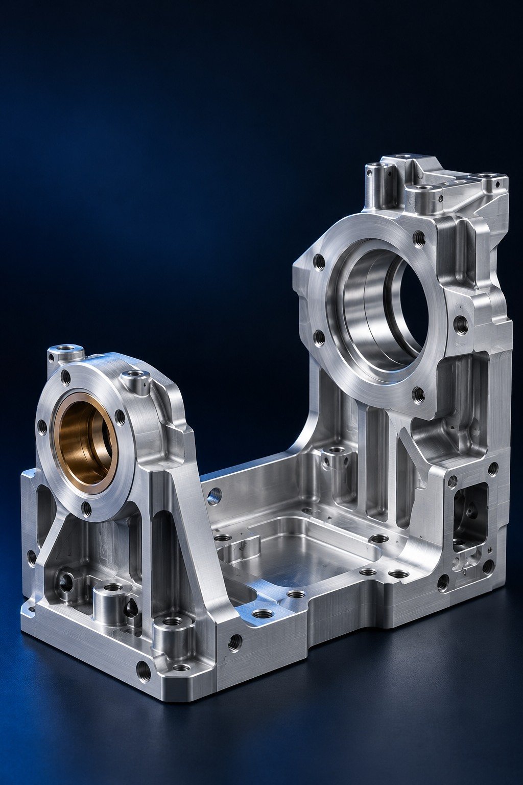 Complex machined aluminum instrument chassis with a bronze bushing — illustrative component concept