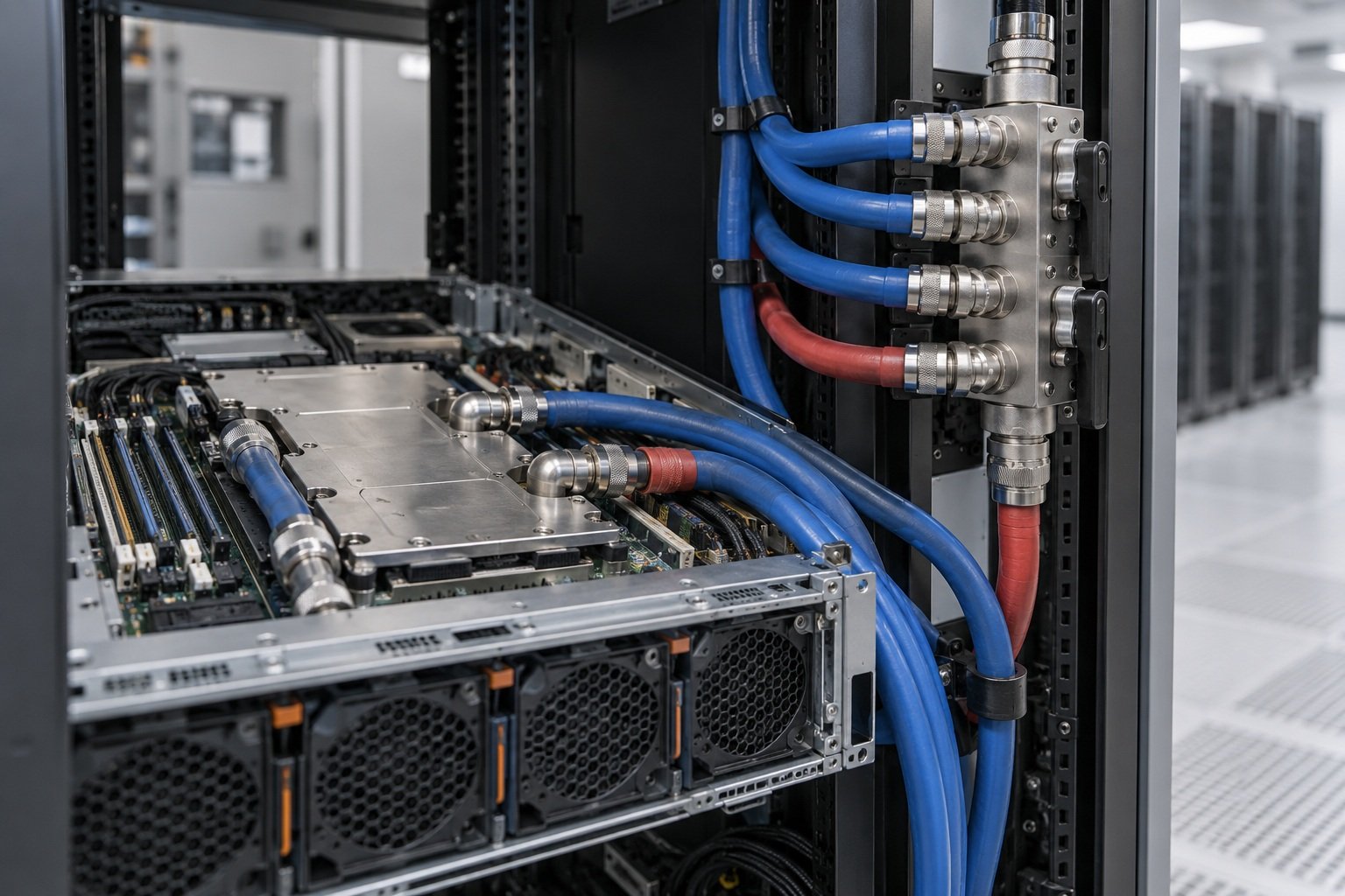 Illustrazione fotografica: collettore di raffreddamento a liquido del server con collegamenti del refrigerante riparabili