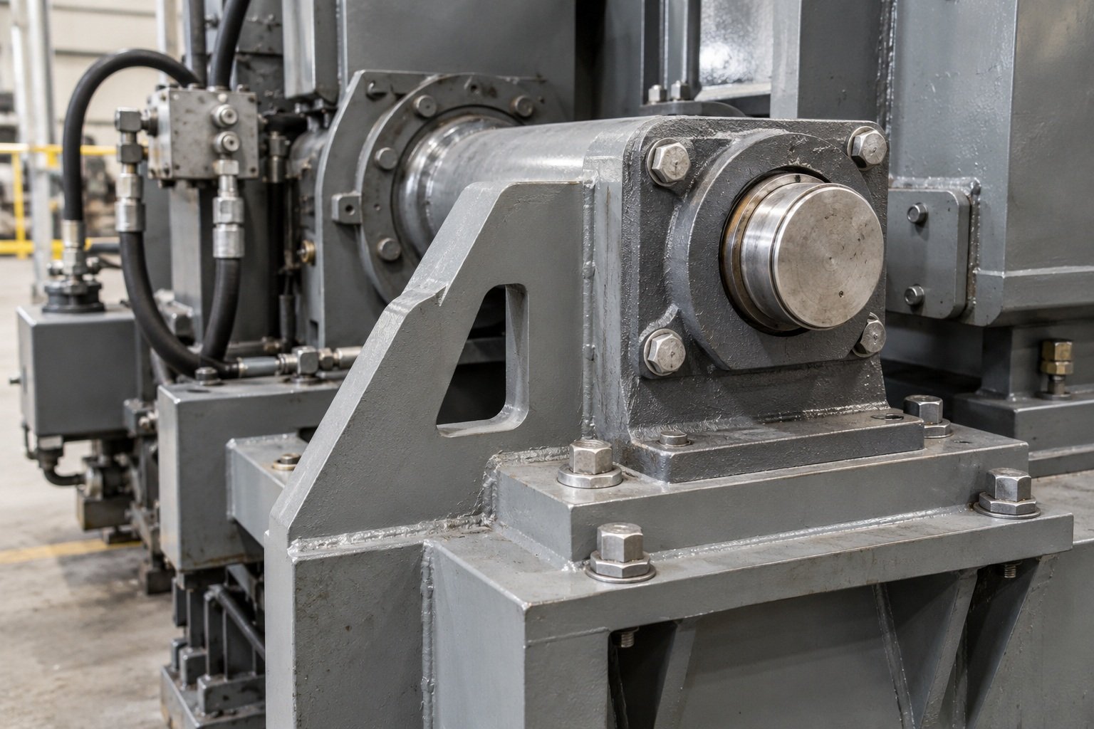 Illustrazione fotografica: interfacce di montaggio e cuscinetto lavorate installate su apparecchiature industriali fisse