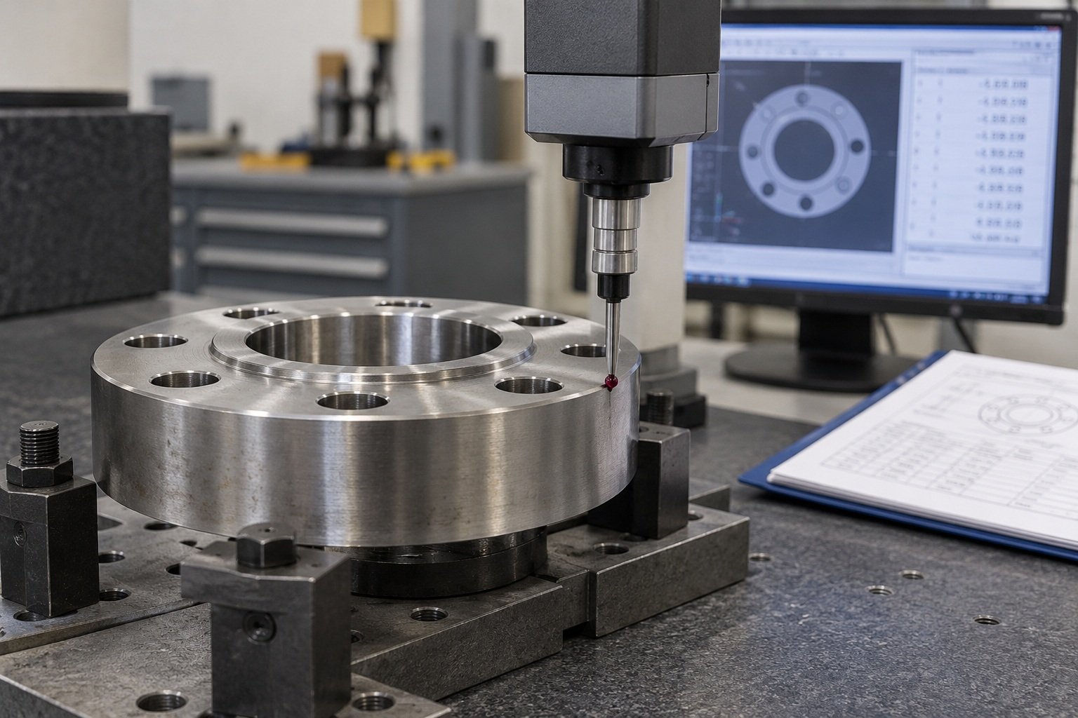 Illustrazione fotografica: stilo per CMM che controlla il riferimento di una flangia circolare su un dispositivo