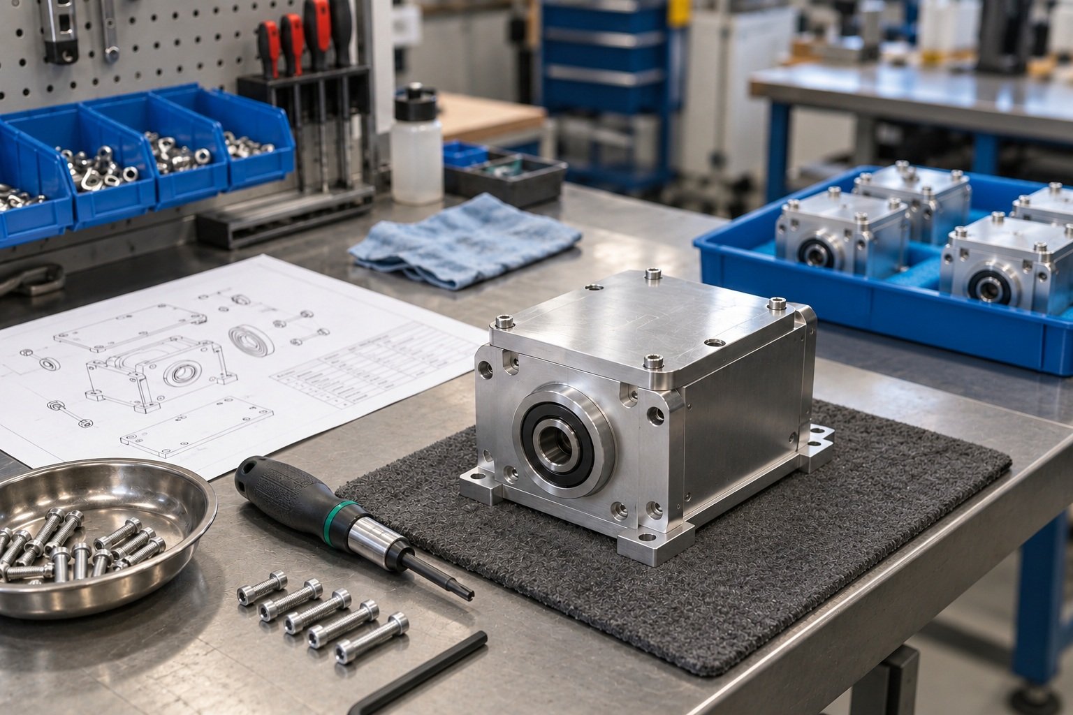 Illustrazione fotografica: custodia meccanica, coperchio, cacciavite dinamometrico e dispositivi di fissaggio corrispondenti su un banco di assemblaggio