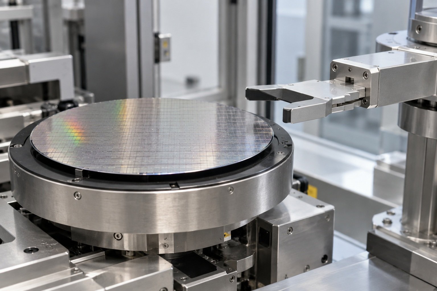 Illustrazione fotografica: modulo di trasferimento wafer con mandrino a vuoto e interfacce di contatto metalliche