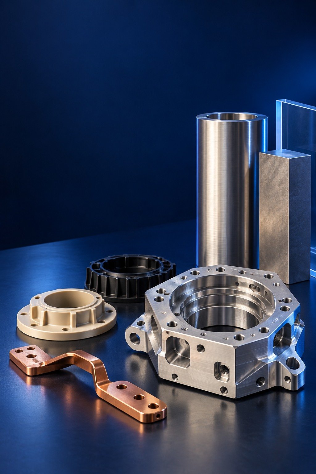Illustrative metal and polymer material selection components