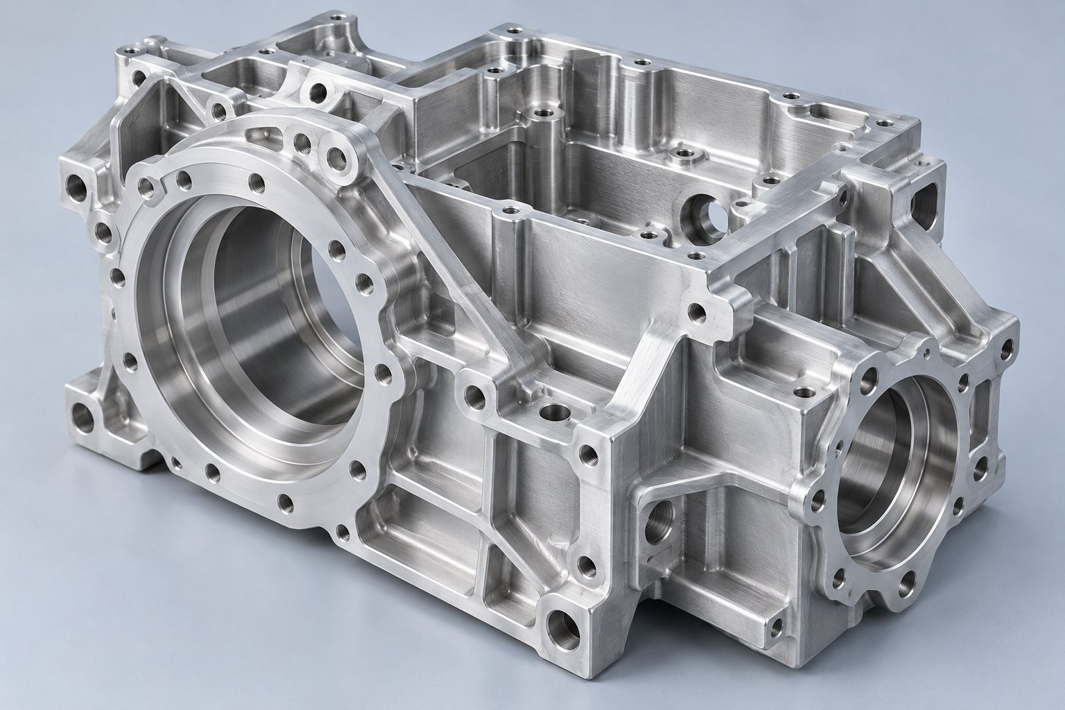 Alloggiamento complesso in alluminio fresato CNC con tasche, nervature e fori per cuscinetti di precisione
