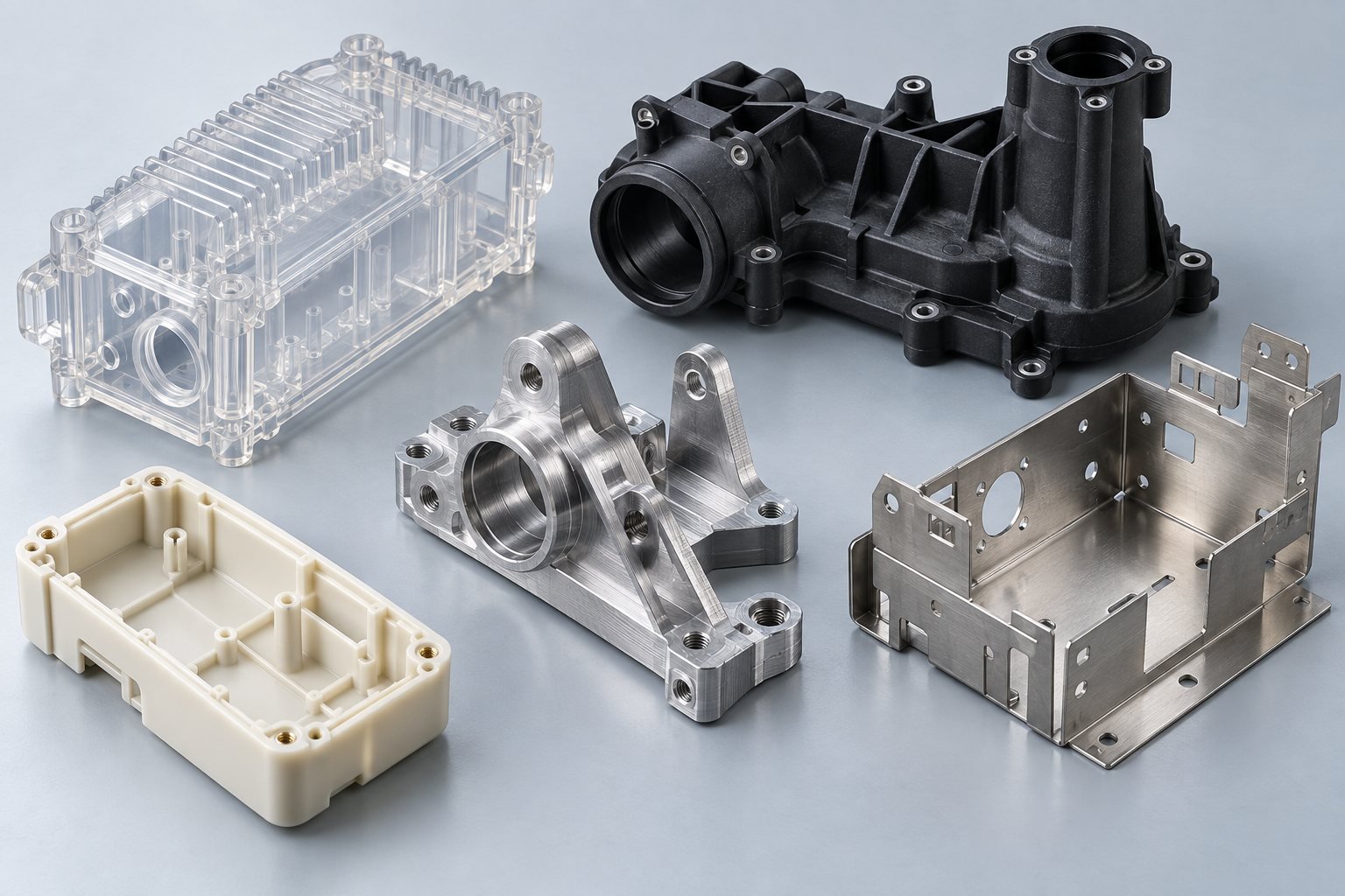 Complex clear resin nylon machined metal and sheet metal prototypes