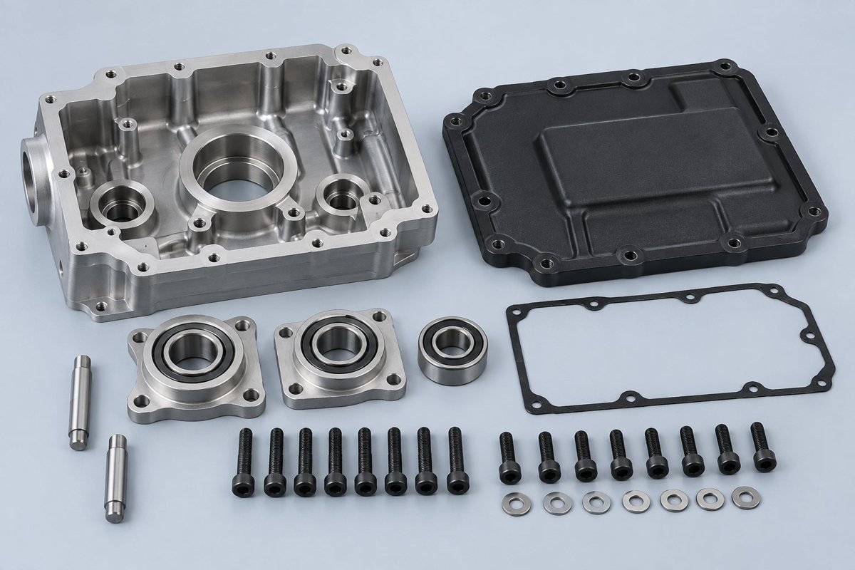 Disassembled precision prototype housing showing mating components and hardware