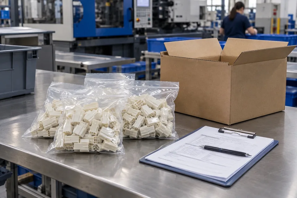Versandkonformitätsdokumentation: versiegelte, durchsichtige Tüten mit elfenbeinfarbenen geformten elektrischen Steckverbindern, Versandkarton und Klemmbrett ohne Markenzeichen mit undeutlichen Unterlagen auf sauberem Packtisch. — generierte Illustration