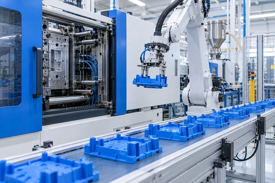 Roboter handhabt geformte blaue Teile neben einem Produktionsförderband – Illustration