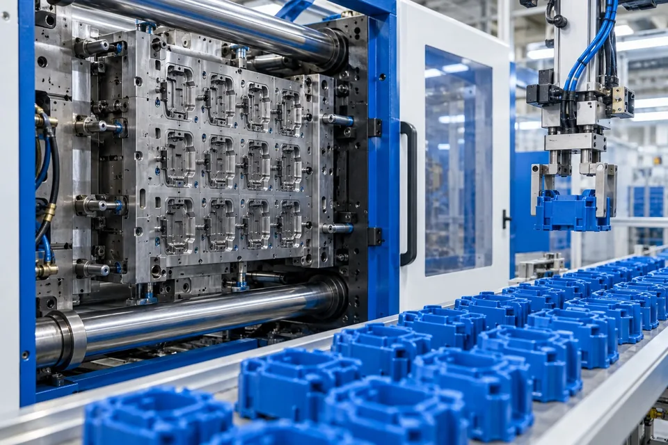 Stahlproduktionsform mit mehreren Kavitäten in einer Spritzgießmaschine – Abbildung