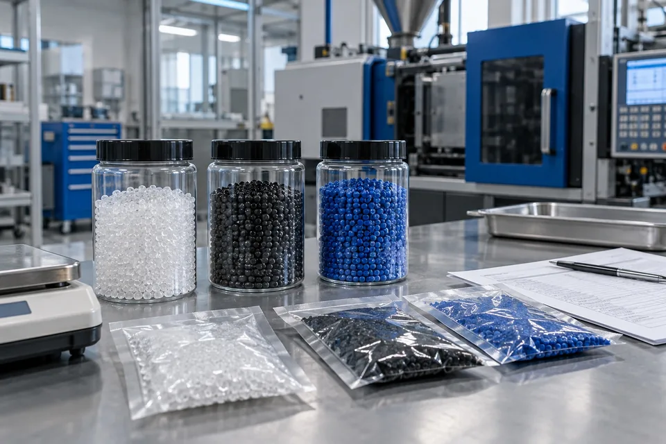 Kunststoffdokumentation: transparente Gläser mit natürlichen, schwarzen und blauen Polymerharzpellets neben versiegelten Probenbeuteln und einem undeutlichen Lieferantendokument auf einem sauberen Labortisch. — generierte Illustration
