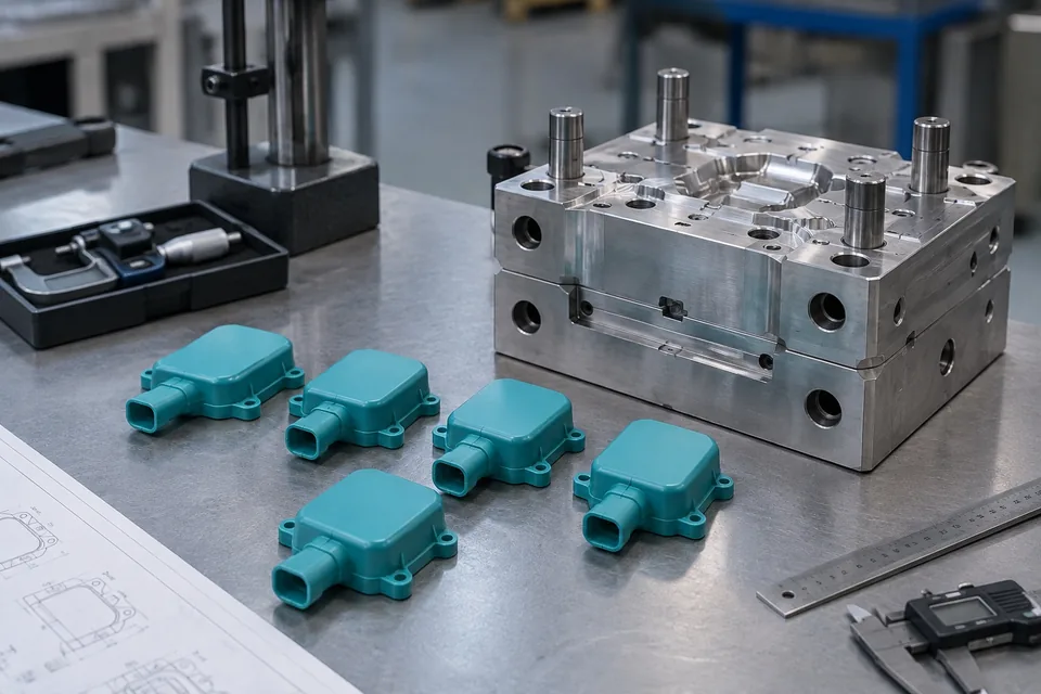 T1-Musterprüfung: Fünf blaugrüne, spritzgegossene Sensorabdeckungen ordentlich neben einer kompakten Prototypenform aus Aluminium auf einem Prüftisch. — generierte Illustration