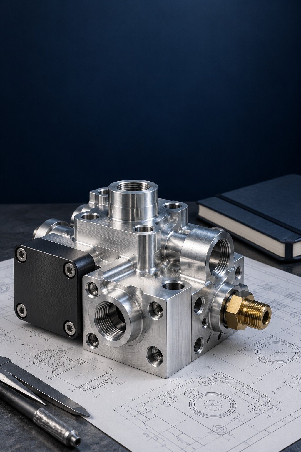 Machined valve manifold on engineering drafting paper — illustrative component concept