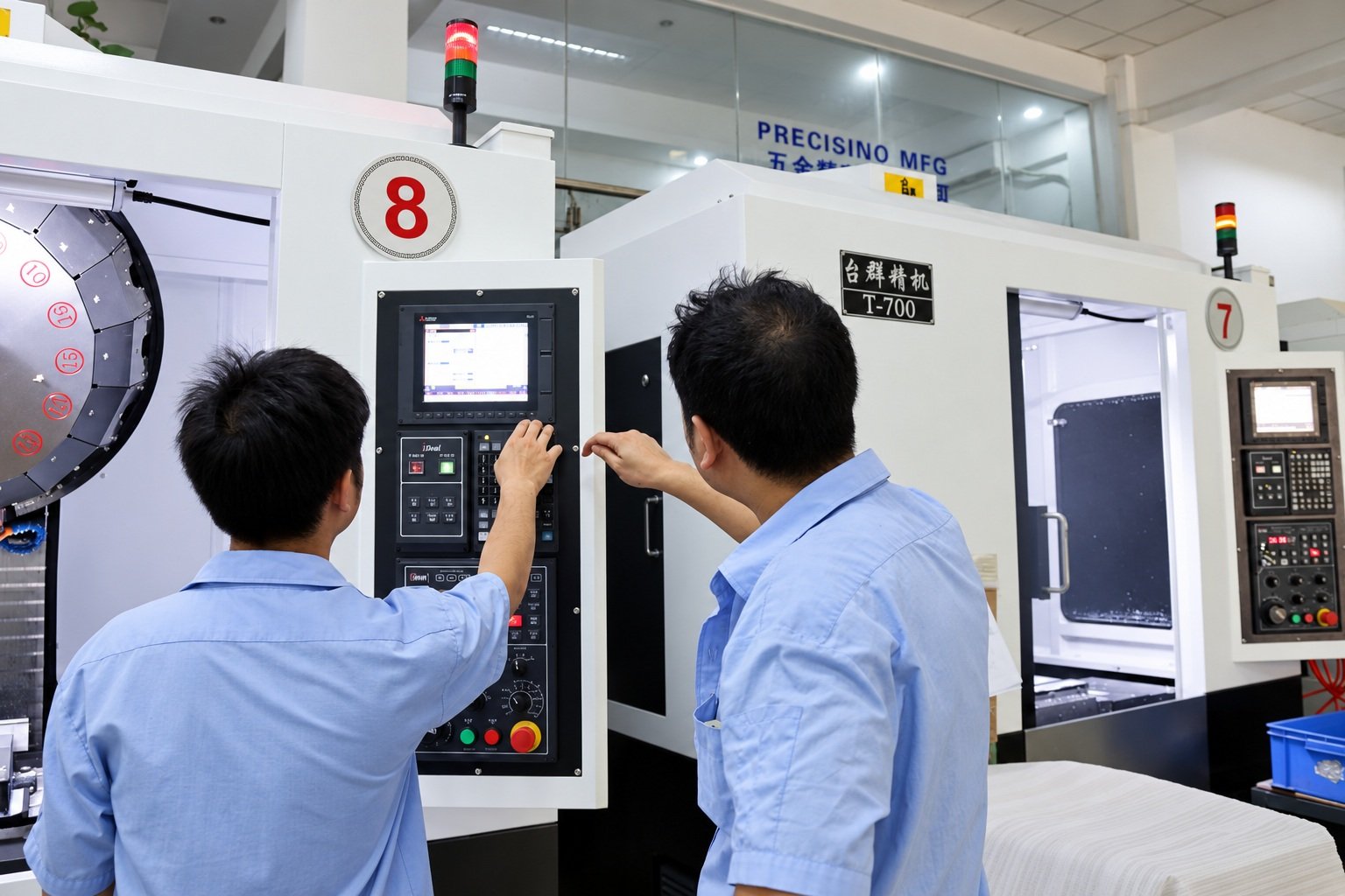 مهندسو الشركة الفعليون يناقشون إعداد ماكينة CNC