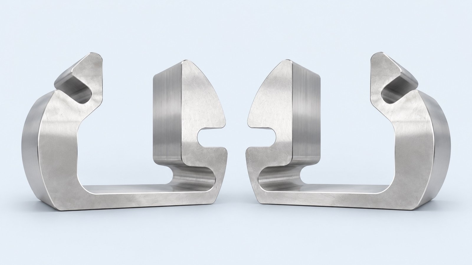 Studio-retouched company photograph of two curved machined metal components