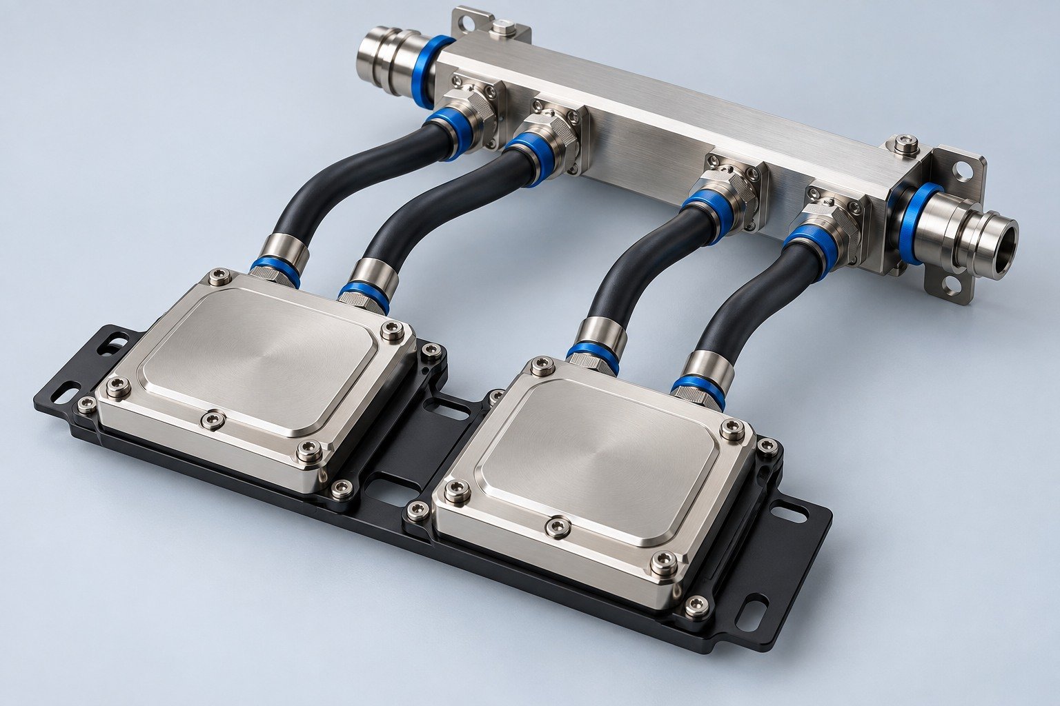 Processor cold plates and distribution manifold — illustrative concept