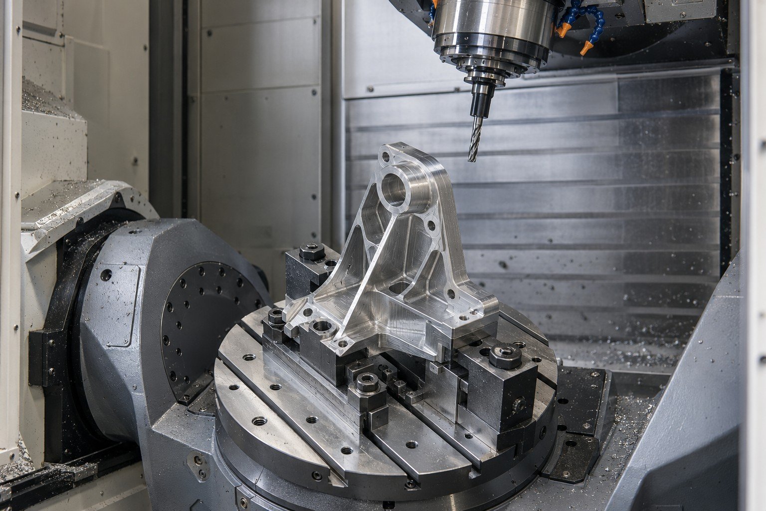 رسم توضيحي فوتوغرافي: الهندسة المعقدة: مرتكز دوران CNC ذو خمسة محاور مع دعامة مضلعة مثبتة بقوة، وعمود دوران زاوية خامل فوق جيوب متقاطعة مُشكَّلة آليًا وواجهات مسامير