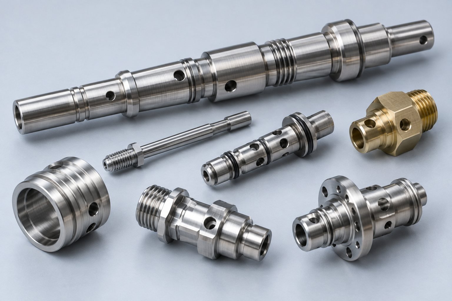 Complex precision Swiss turned shafts valve spools and threaded connectors