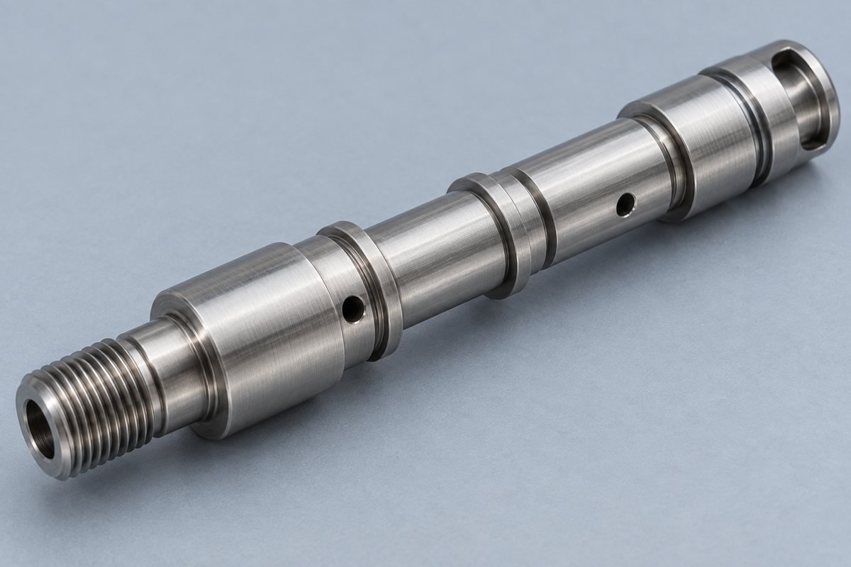 Swiss turned valve spool with journals cross holes and precision grooves