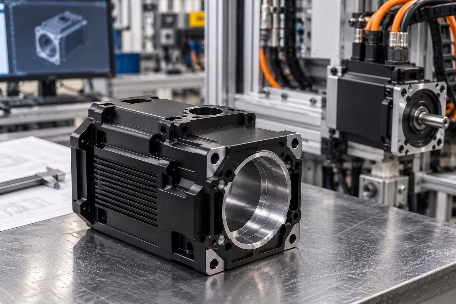 Servo motor housing turned and milled from 6061 aluminum