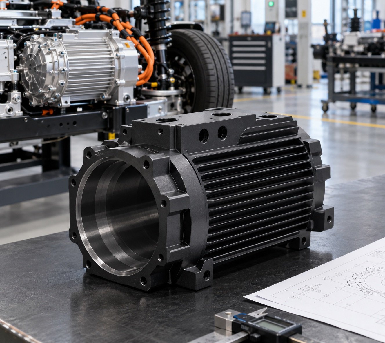 Electric motor housing with precision bores turned from aluminum