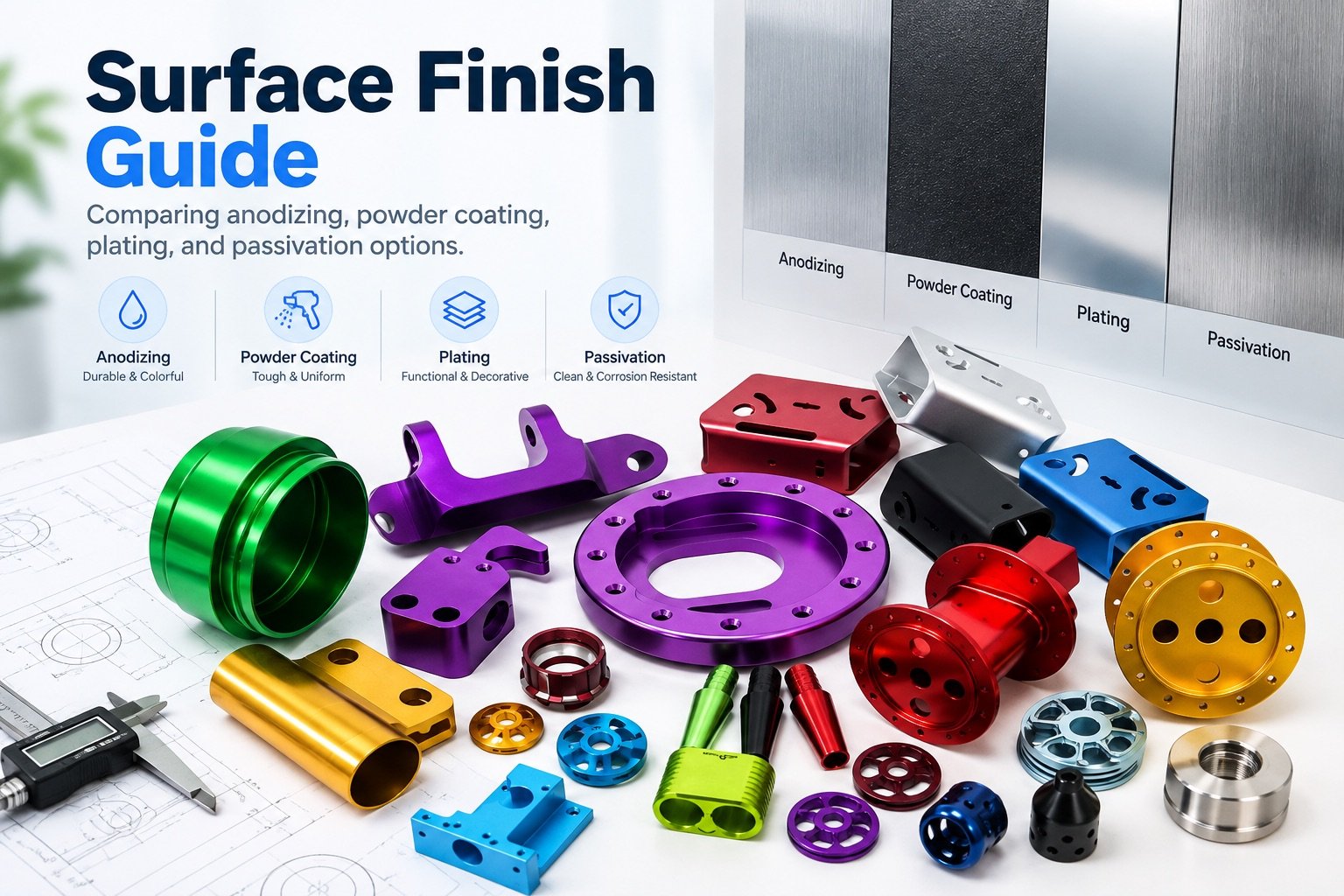 Anodized aluminum CNC components with multiple surface finishes