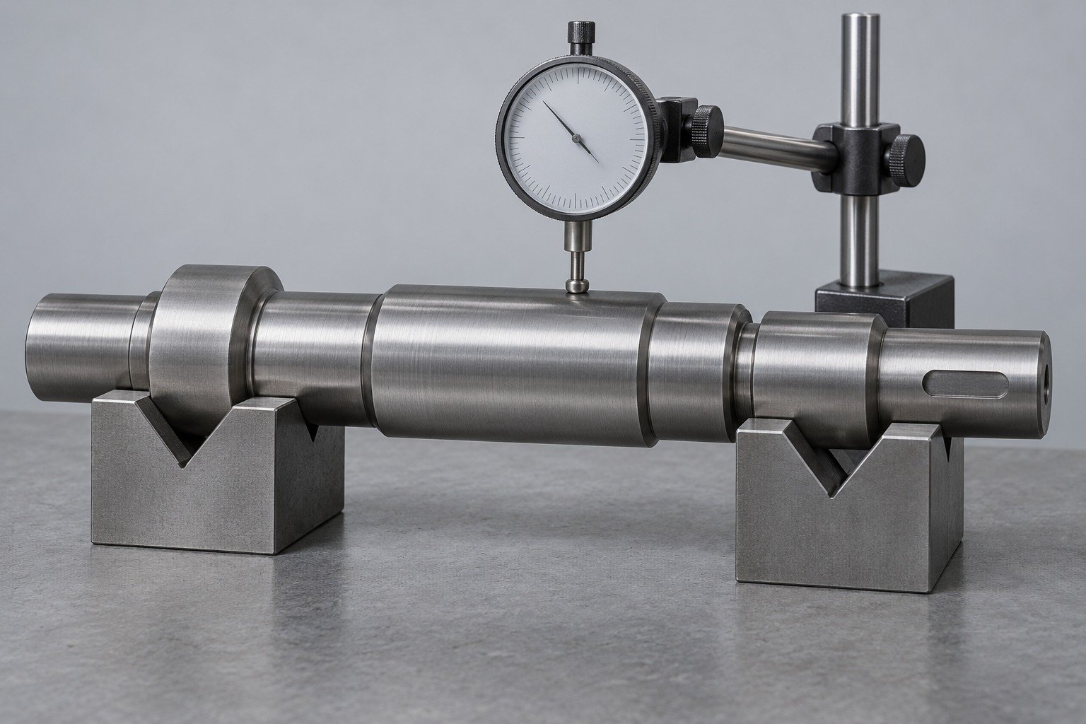 Steel locating arbor in V blocks with dial indicator — illustrative component concept