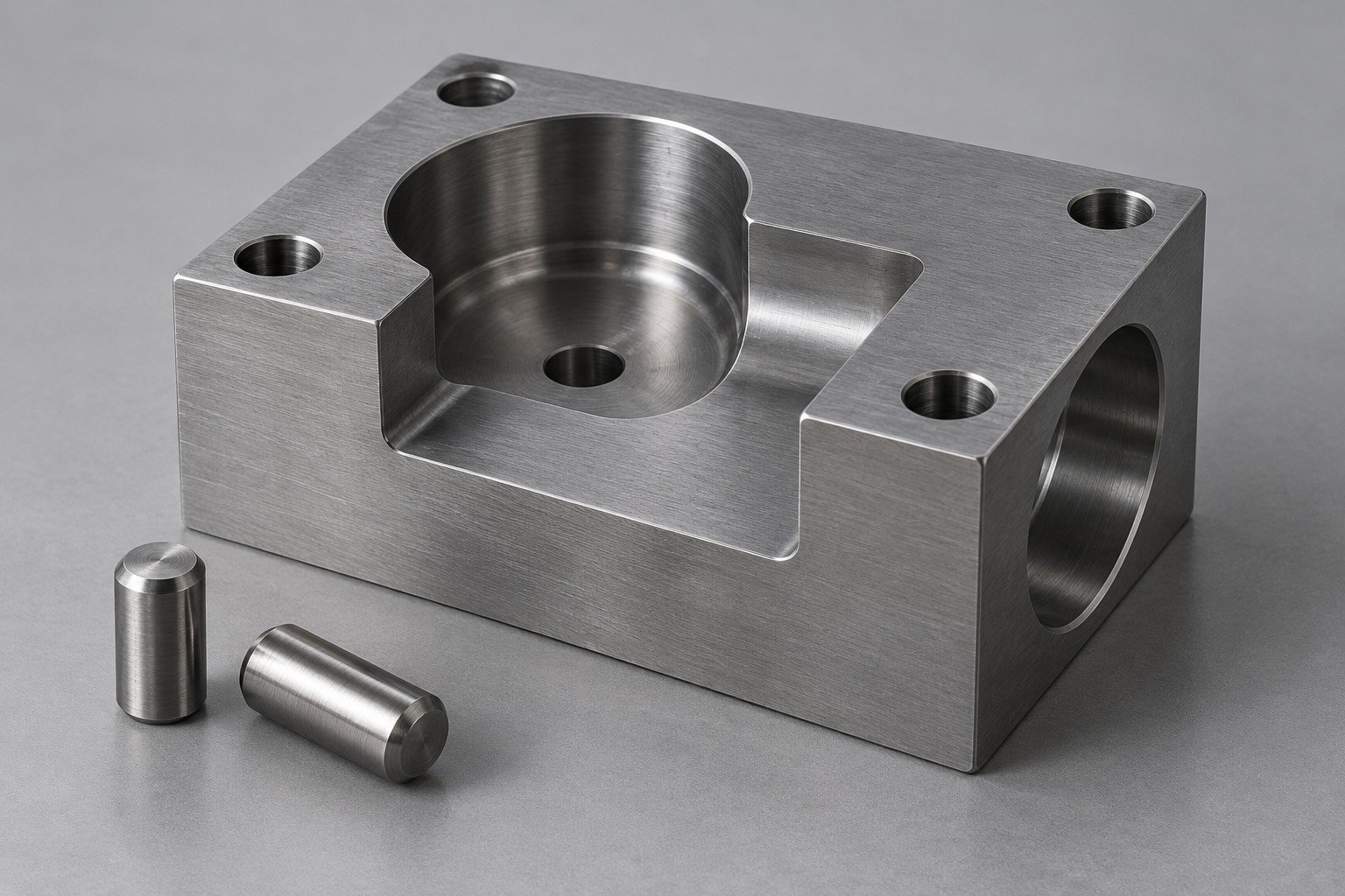 Machined steel mounting block and locating dowel pins — illustrative component concept