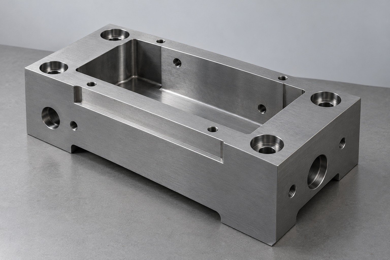 Pocketed steel fixture block with counterbores — illustrative component concept