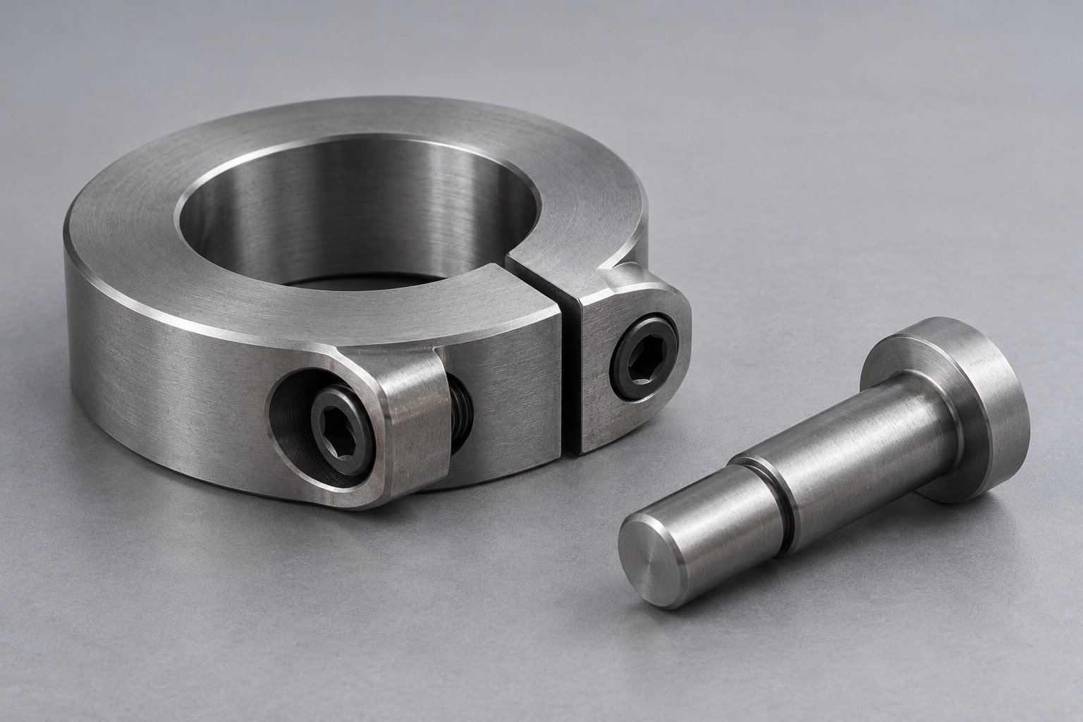 Illustrative 1018 steel split keyed collar and shoulder pin concept