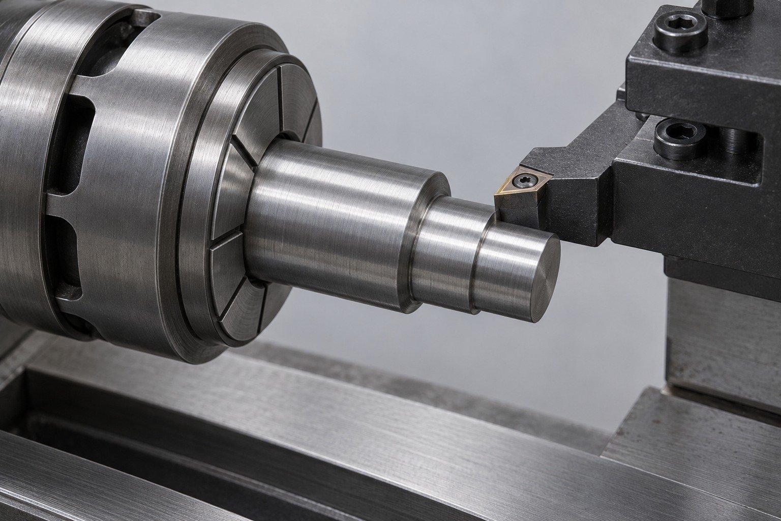 Short steel stepped arbor held in a lathe collet — illustrative component concept