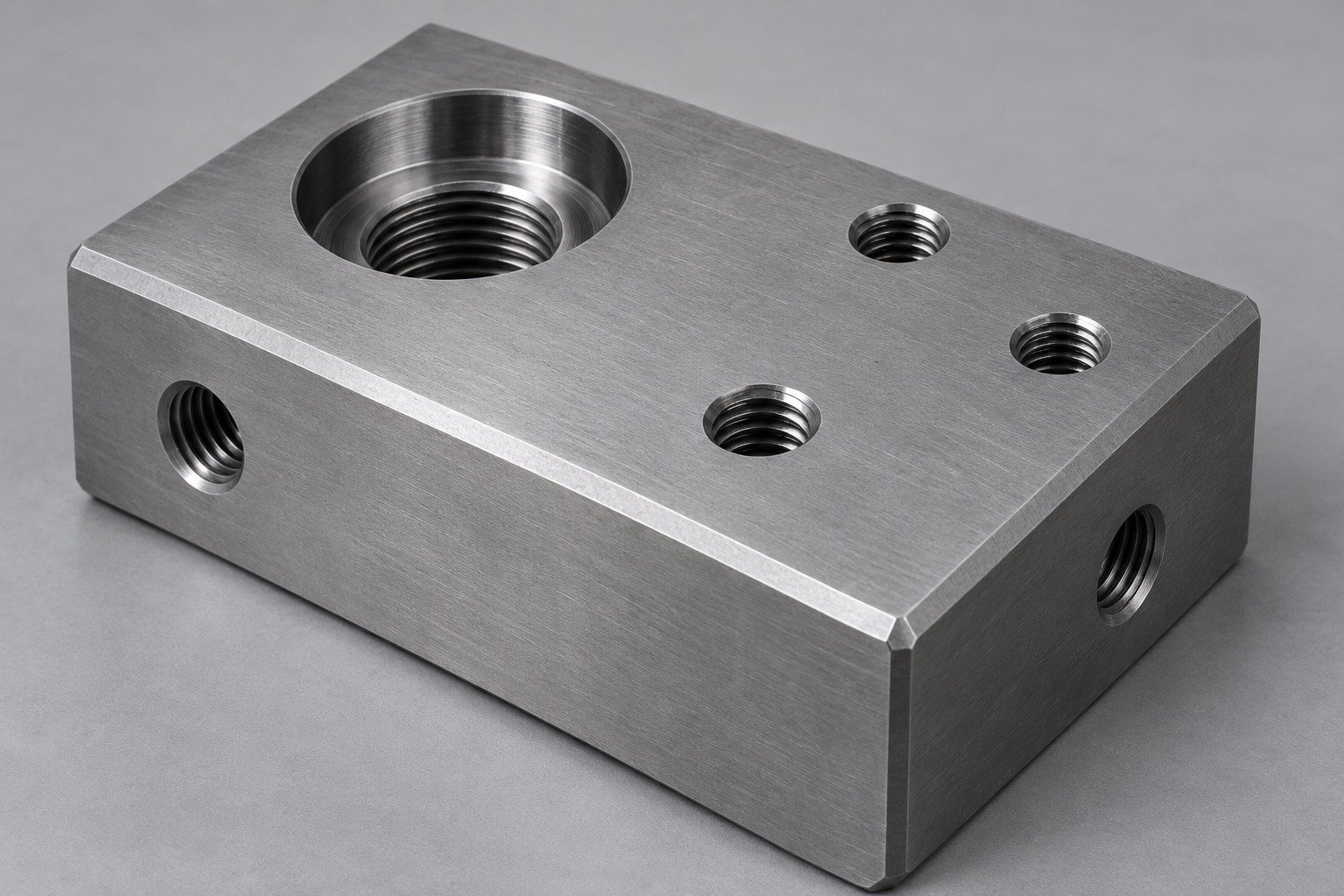 Threaded holes and counterbore in steel block — illustrative component concept