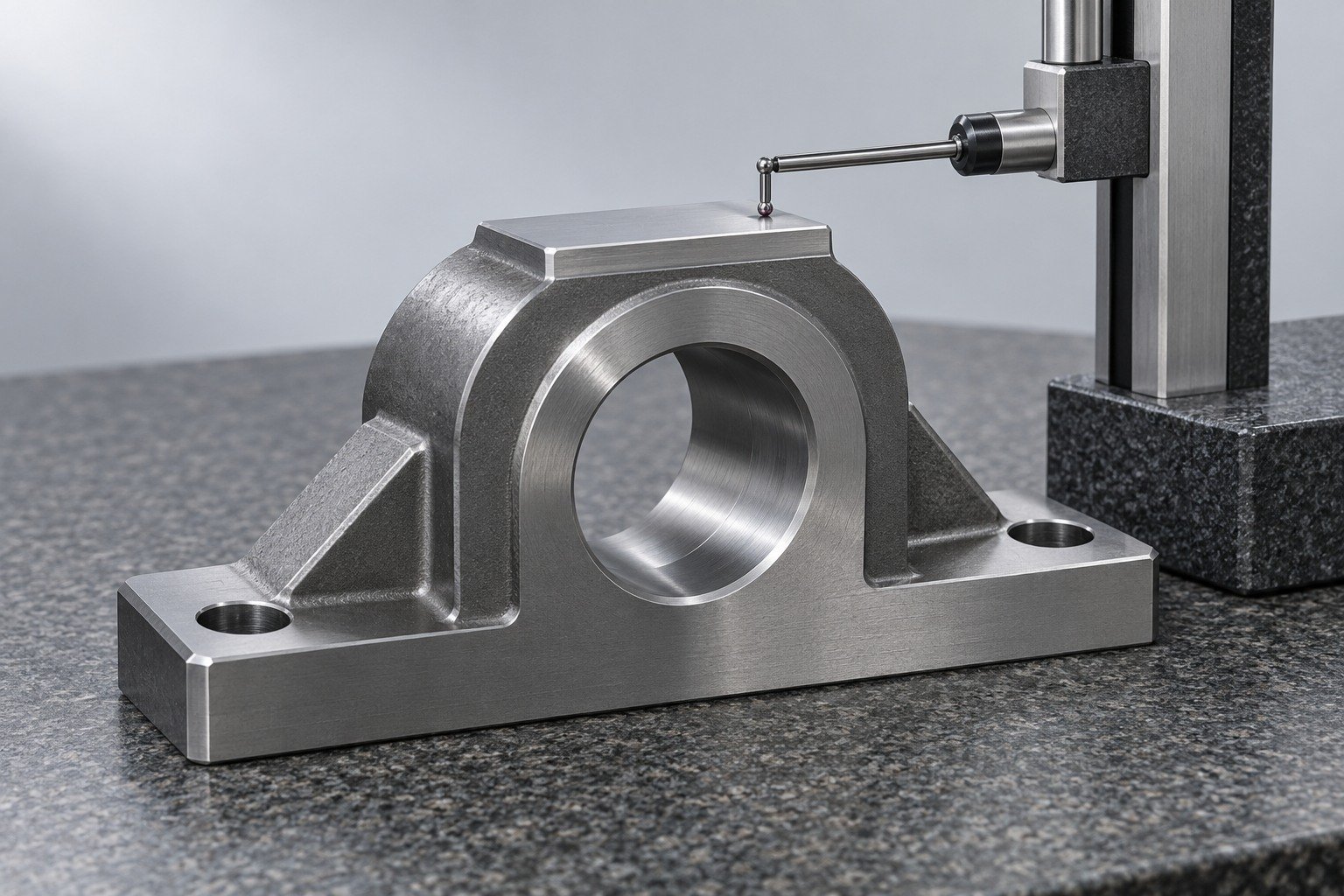 Steel bearing pedestal checked with height gauge on granite — illustrative component concept