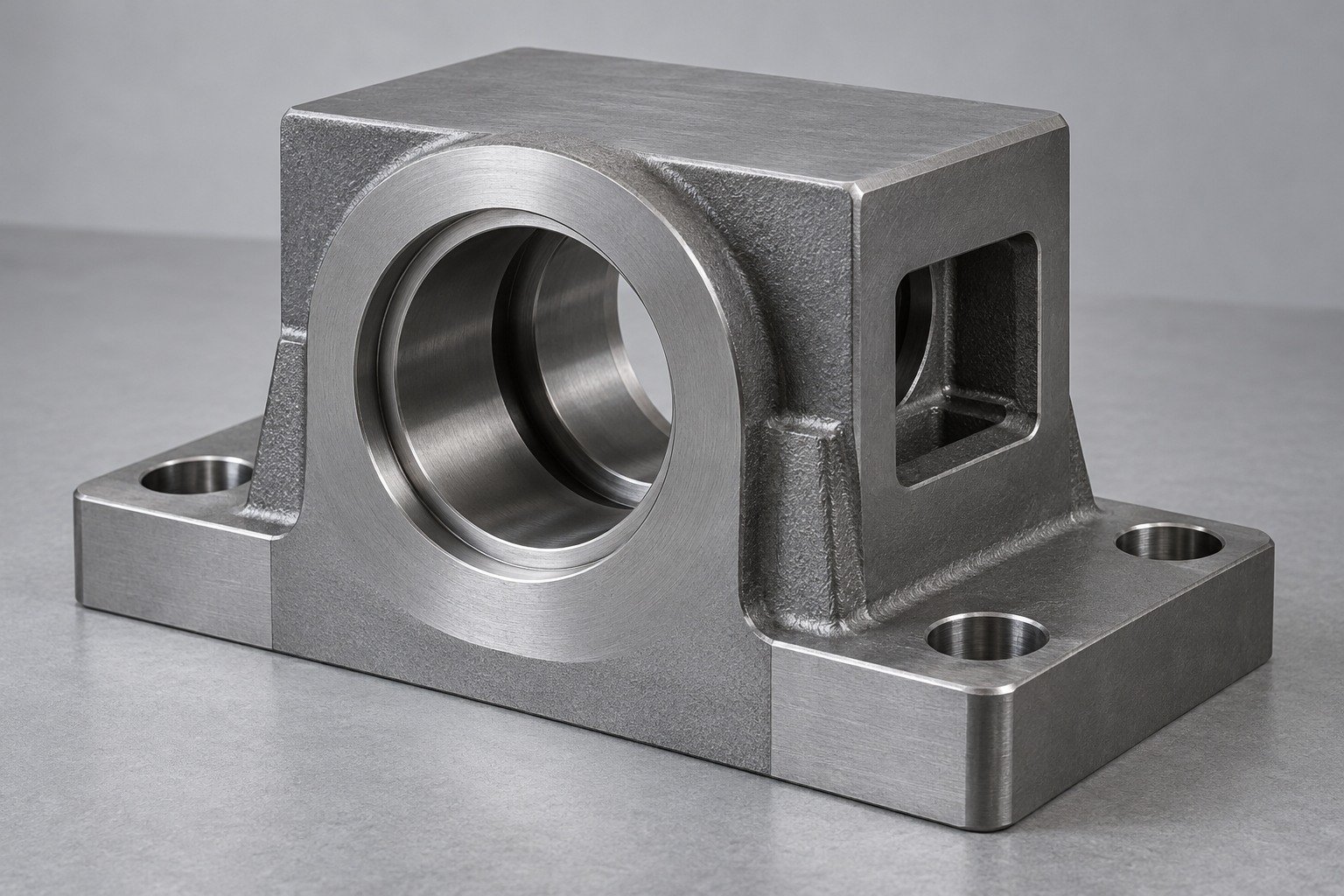 Steel bearing pedestal with stepped bore and side window — illustrative component concept