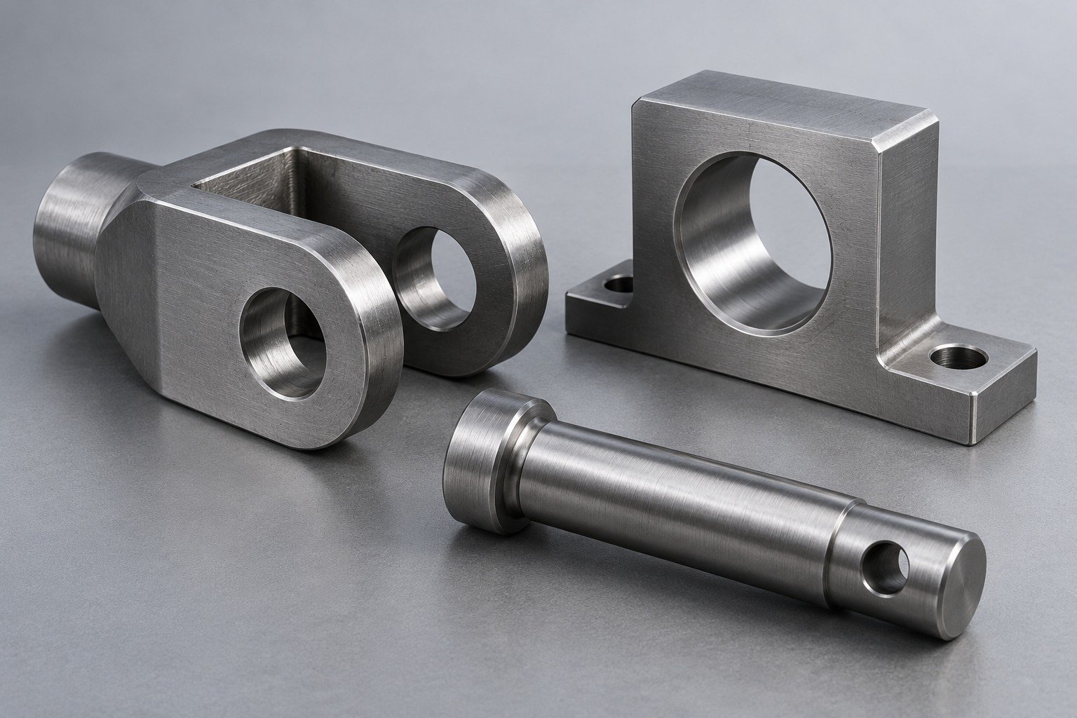 Steel clevis link, bearing support and shouldered pivot pin — illustrative component concept