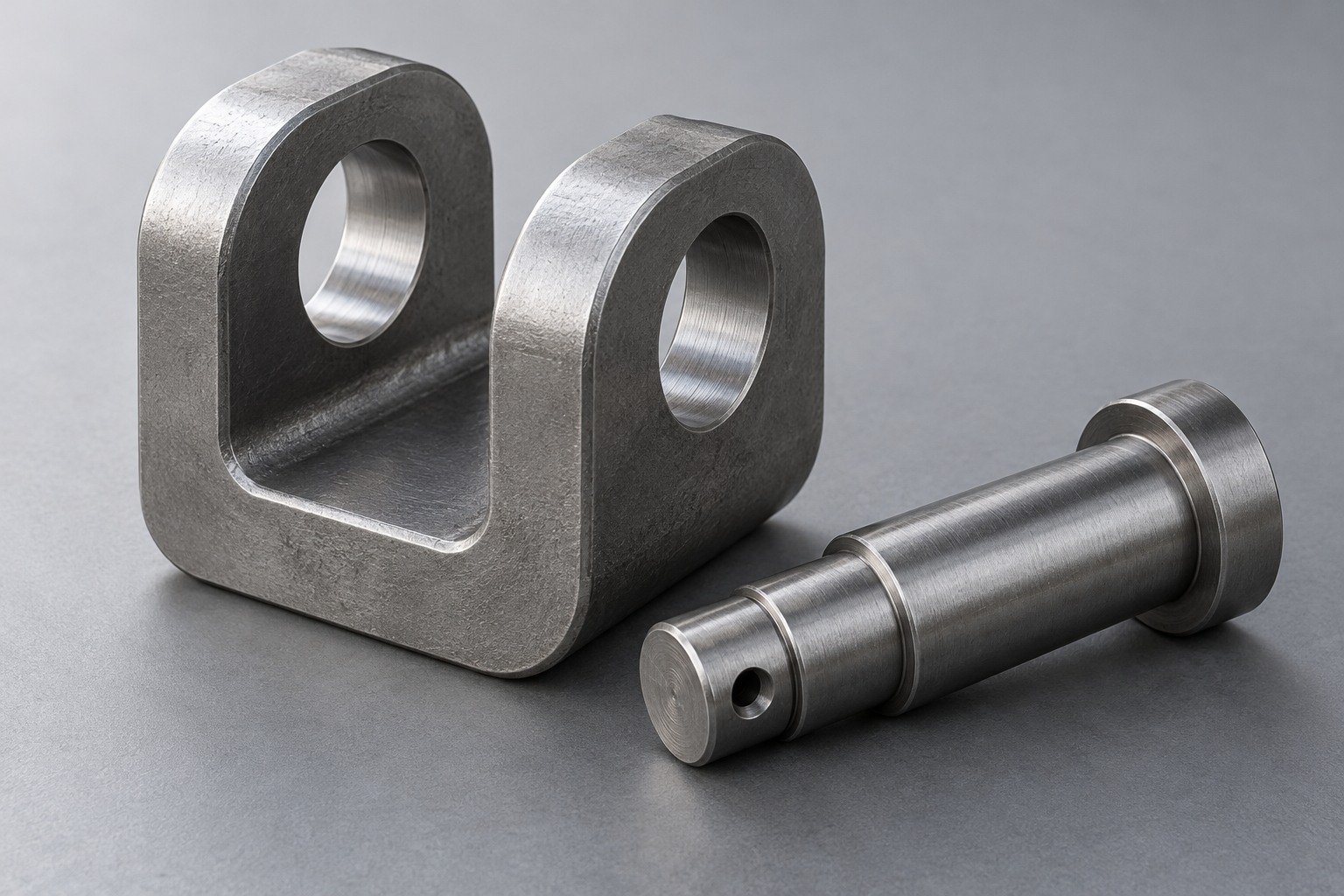 Steel clevis link with aligned bores and separate pivot pin — illustrative component concept