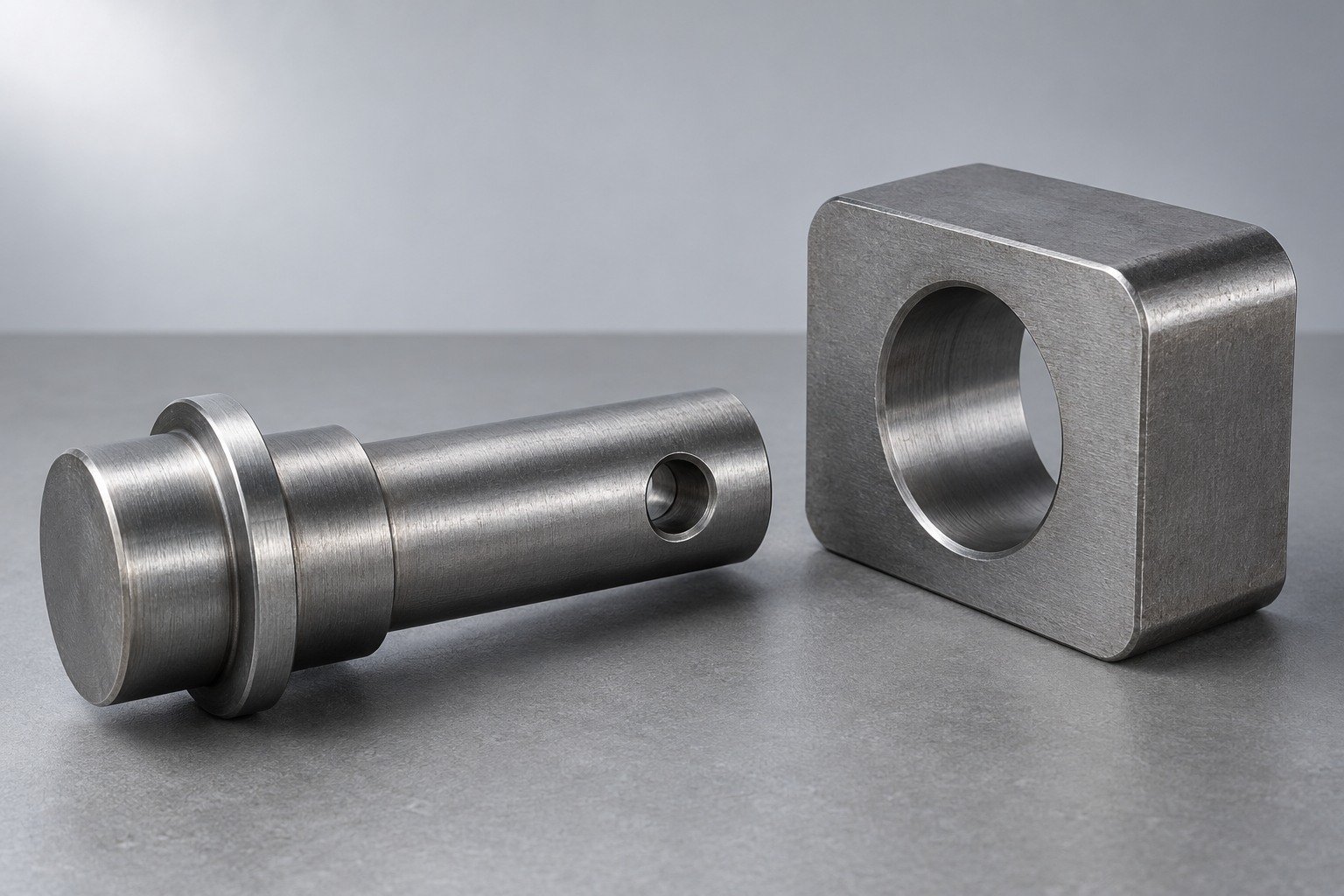 Illustrative 1020 steel eccentric clevis pin and pivot block concept